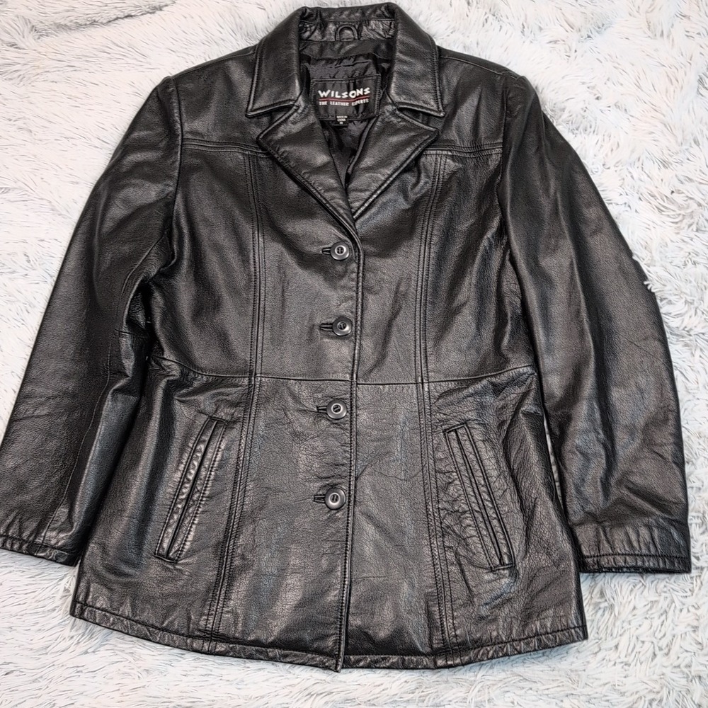 Wilsons Jacket Womens‎ M Black Leather Coat  Pockets Button Up Career Comfort